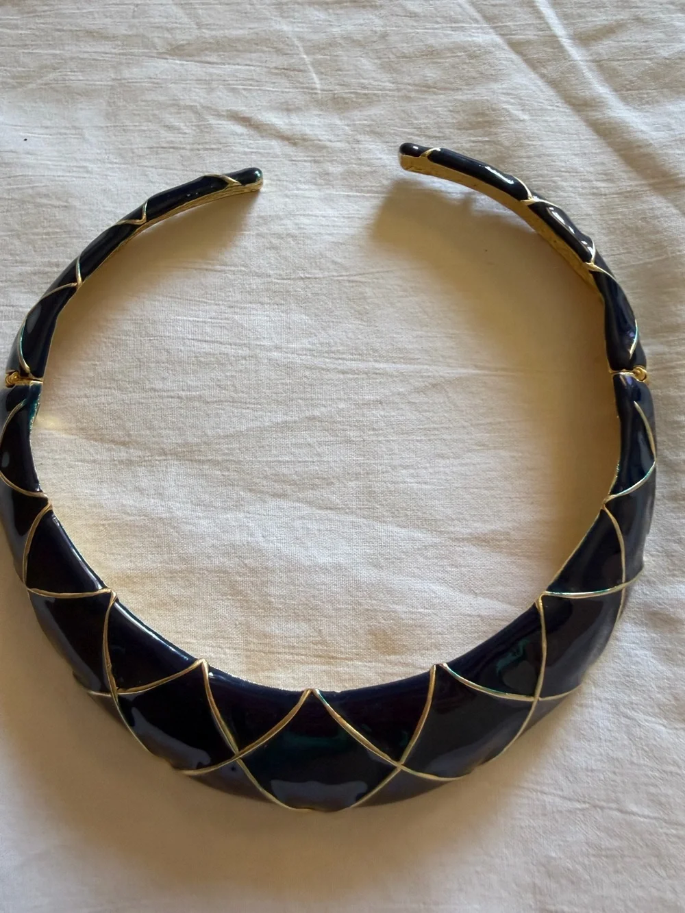 vintage dark navy blue and gold-tone geometric enamel statement choker necklace